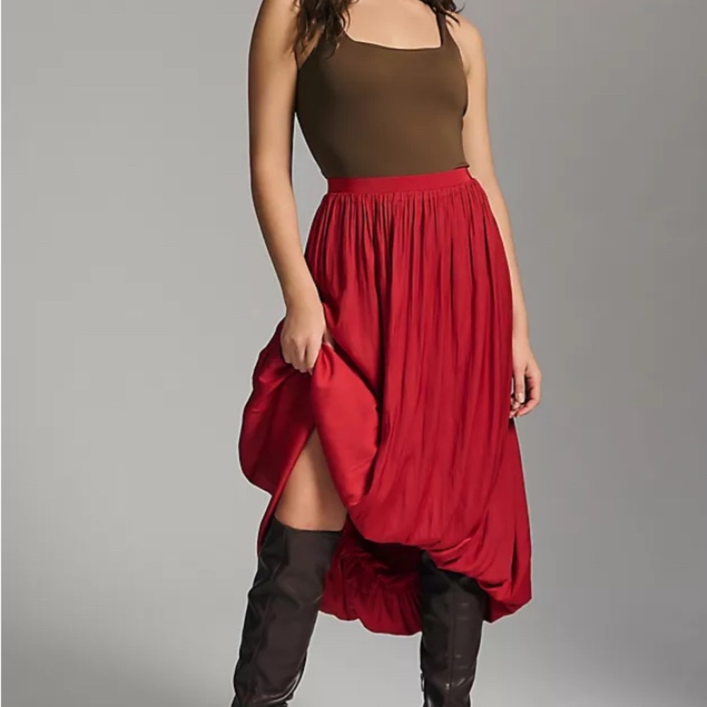 Anthropologie Red Pleated Bubble Midi Skirt